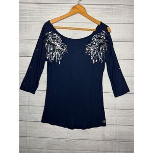 BKE Boutique Women's Medium Navy Blue Sequin Wing Cold Shoulder Top 4761